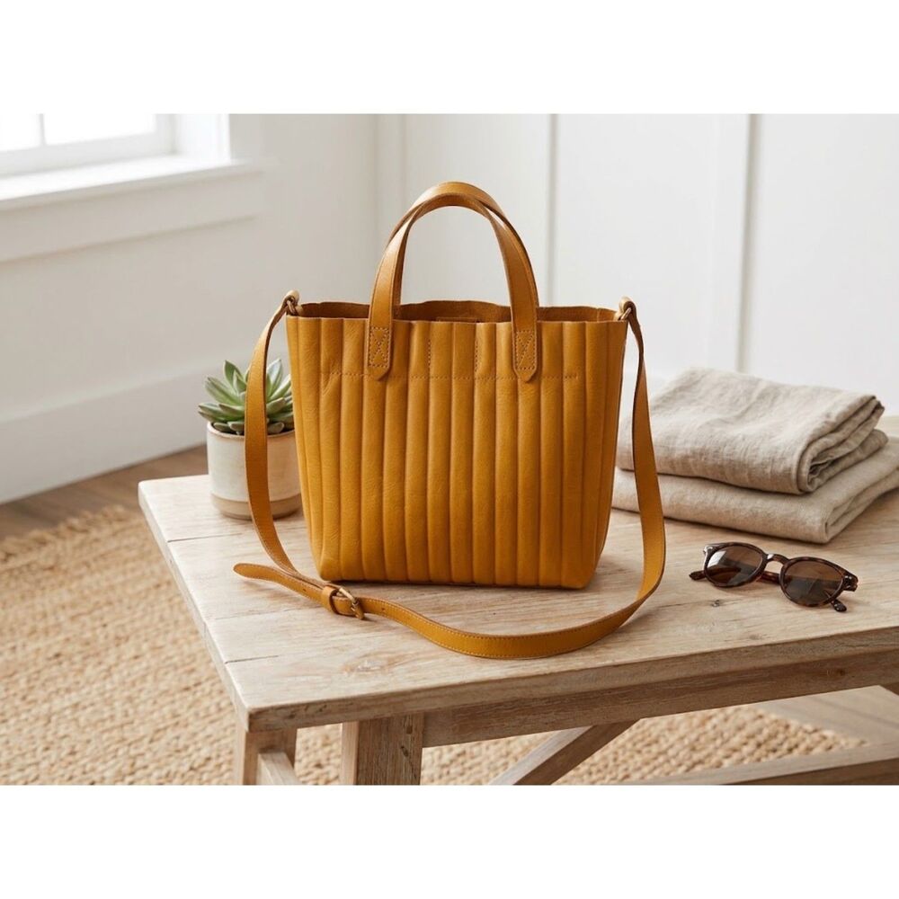 Madewell Mini Transport Crossbody Bag Tan Leather Bubble Pleat Top Handle